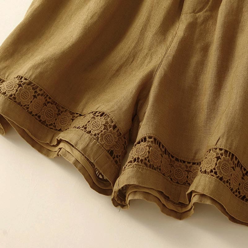 Plain Color Bottom Hollow Lace Design Lace-up Cotton Women's Shorts With Pockets