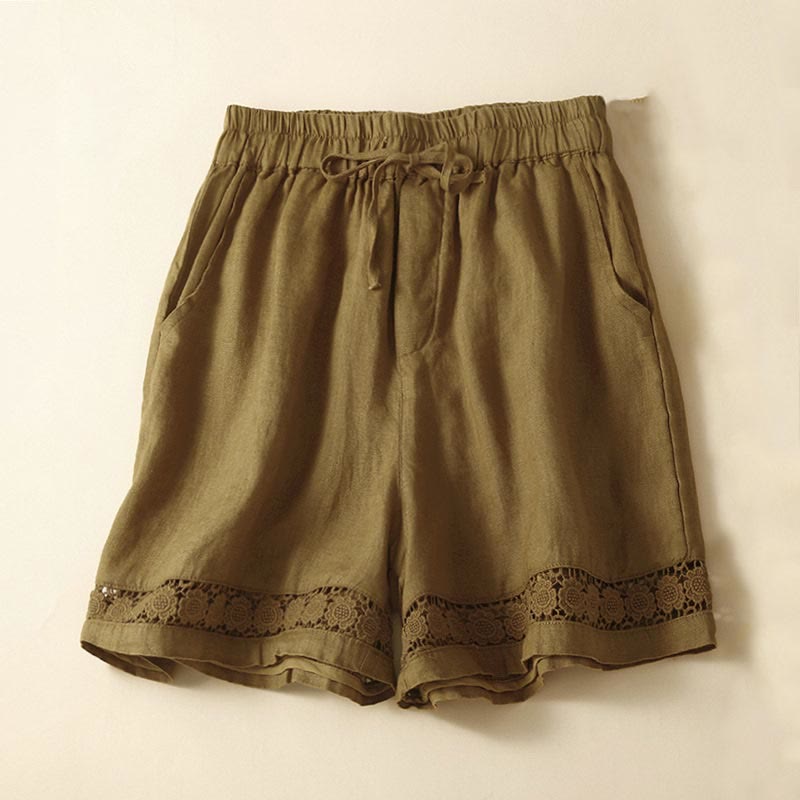 Plain Color Bottom Hollow Lace Design Lace-up Cotton Women's Shorts With Pockets