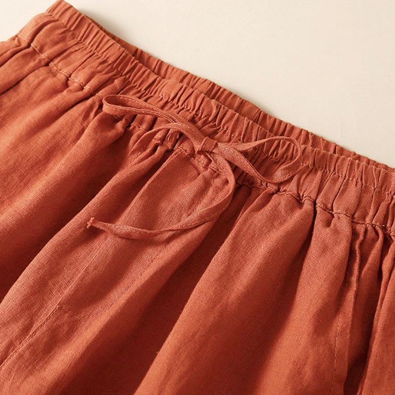 Plain Color Bottom Hollow Lace Design Lace-up Cotton Women's Shorts With Pockets
