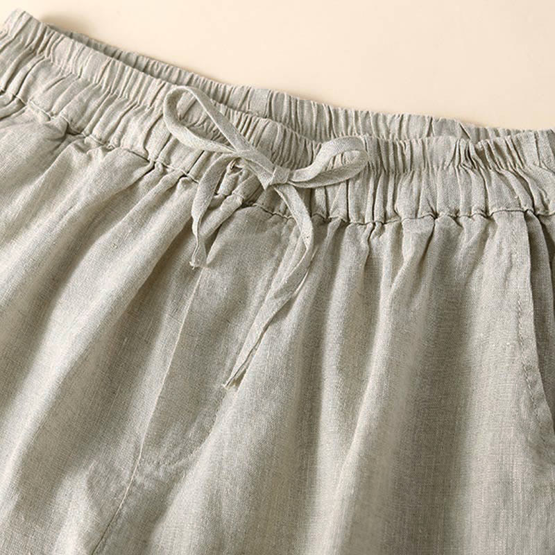 Plain Color Bottom Hollow Lace Design Lace-up Cotton Women's Shorts With Pockets