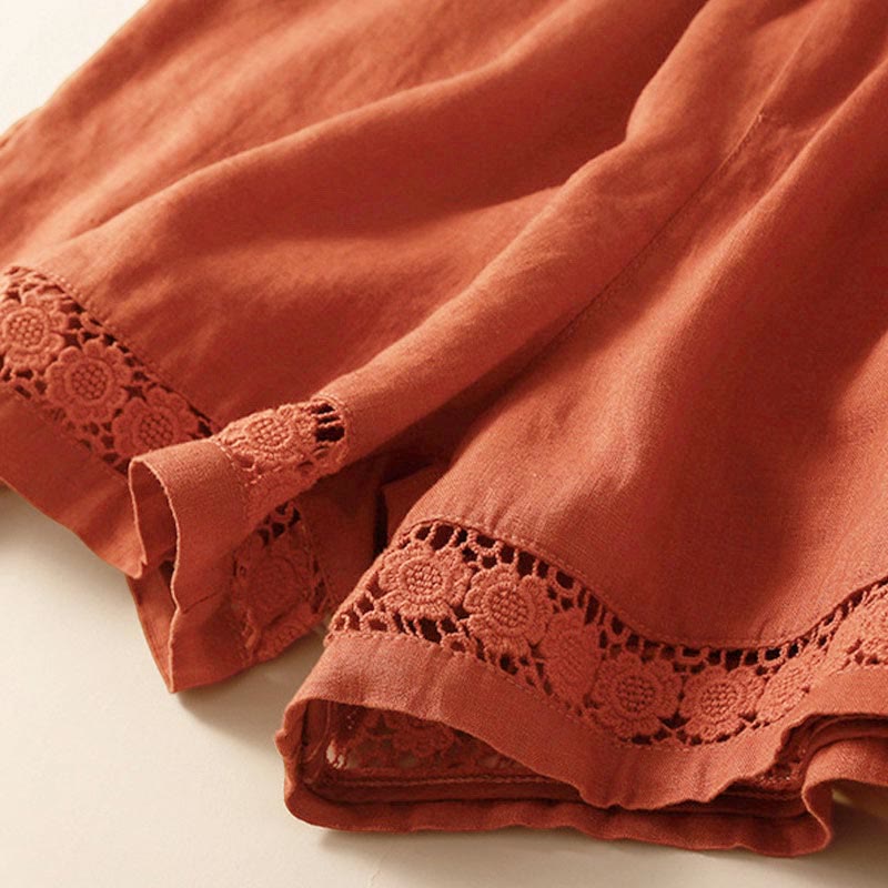 Plain Color Bottom Hollow Lace Design Lace-up Cotton Women's Shorts With Pockets