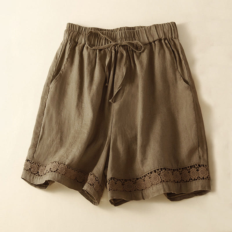 Plain Color Bottom Hollow Lace Design Lace-up Cotton Women's Shorts With Pockets