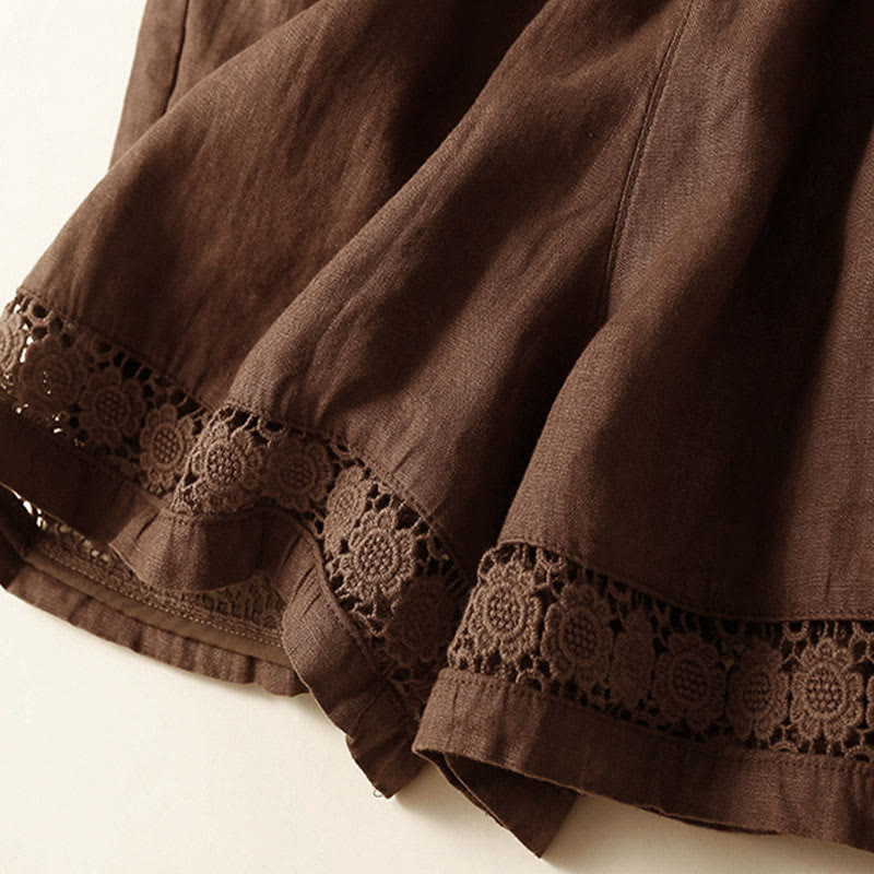 Plain Color Bottom Hollow Lace Design Lace-up Cotton Women's Shorts With Pockets