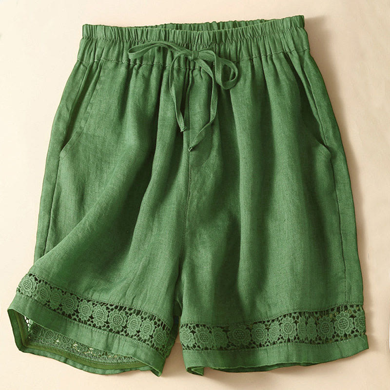 Plain Color Bottom Hollow Lace Design Lace-up Cotton Women's Shorts With Pockets
