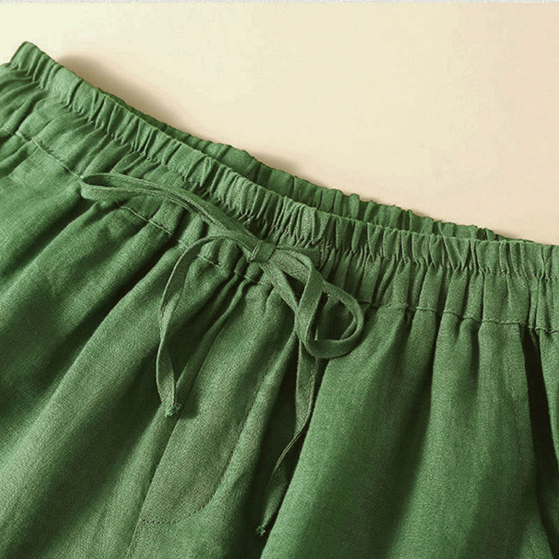 Plain Color Bottom Hollow Lace Design Lace-up Cotton Women's Shorts With Pockets