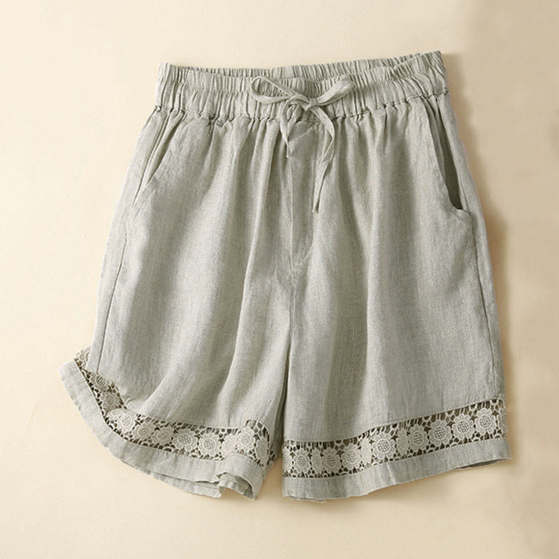 Plain Color Bottom Hollow Lace Design Lace-up Cotton Women's Shorts With Pockets