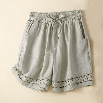 Plain Color Bottom Hollow Lace Design Lace-up Cotton Women's Shorts With Pockets