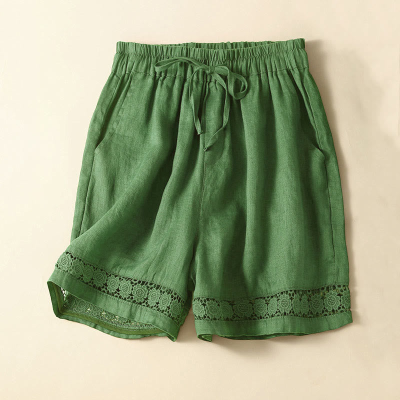 Plain Color Bottom Hollow Lace Design Lace-up Cotton Women's Shorts With Pockets