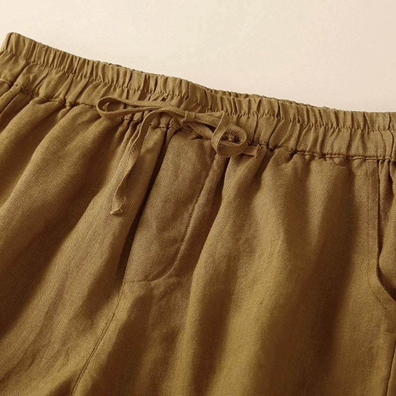 Plain Color Bottom Hollow Lace Design Lace-up Cotton Women's Shorts With Pockets