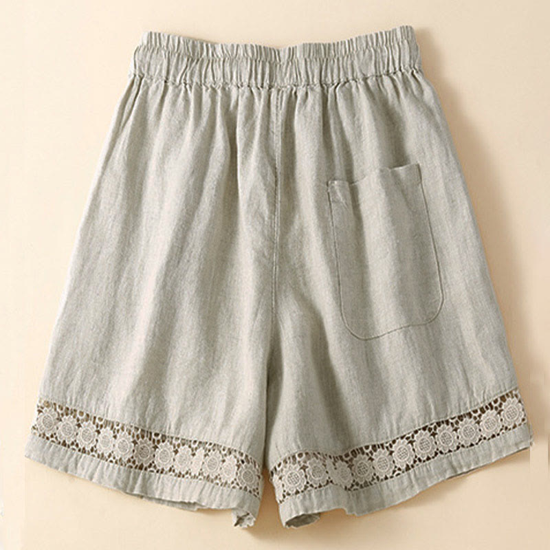Plain Color Bottom Hollow Lace Design Lace-up Cotton Women's Shorts With Pockets
