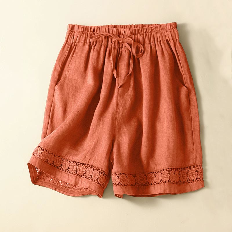 Plain Color Bottom Hollow Lace Design Lace-up Cotton Women's Shorts With Pockets