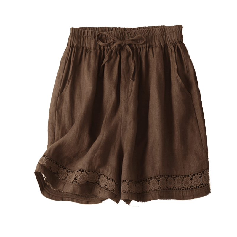 Plain Color Bottom Hollow Lace Design Lace-up Cotton Women's Shorts With Pockets