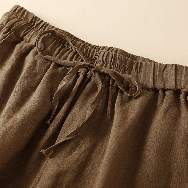 Plain Color Bottom Hollow Lace Design Lace-up Cotton Women's Shorts With Pockets