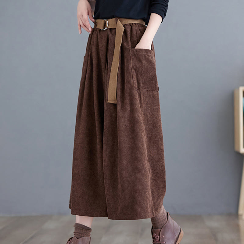 Retro Women's Wide Leg 7-8 Length Corduroy Pants With Pockets Belt