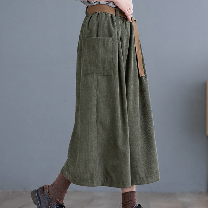 Retro Women's Wide Leg 7-8 Length Corduroy Pants With Pockets Belt