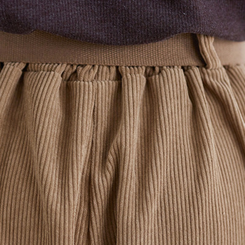 Retro Women's Wide Leg 7-8 Length Corduroy Pants With Pockets Belt