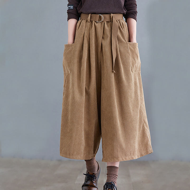 Retro Women's Wide Leg 7-8 Length Corduroy Pants With Pockets Belt