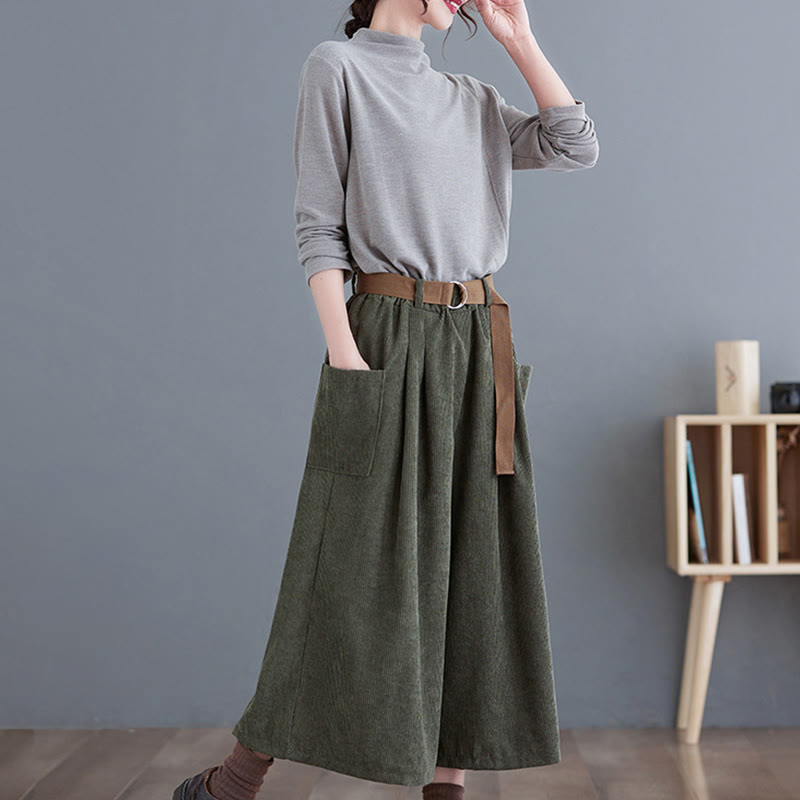 Retro Women's Wide Leg 7-8 Length Corduroy Pants With Pockets Belt