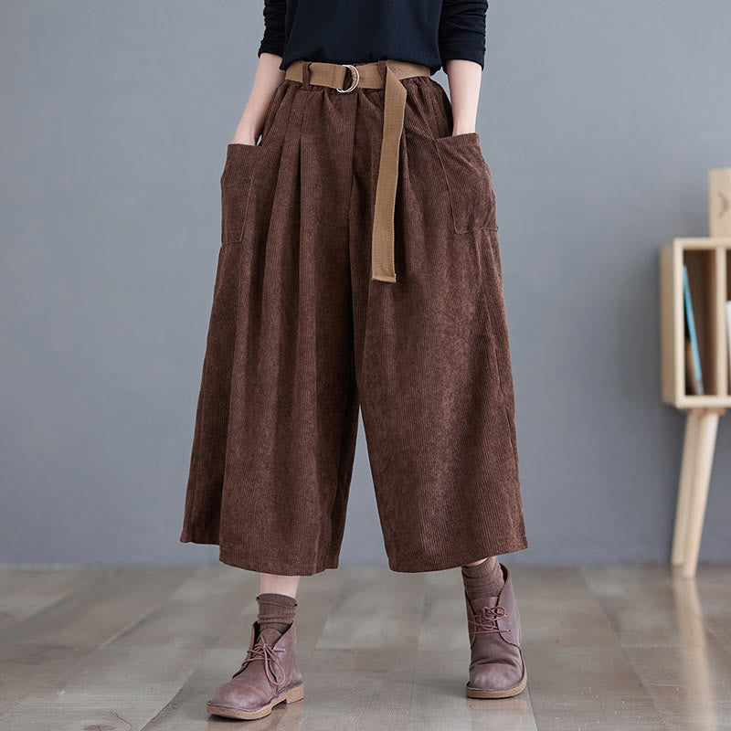 Retro Women's Wide Leg 7-8 Length Corduroy Pants With Pockets Belt