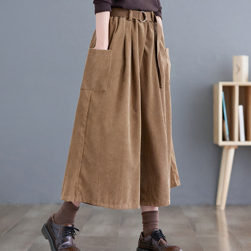 Retro Women's Wide Leg 7-8 Length Corduroy Pants With Pockets Belt