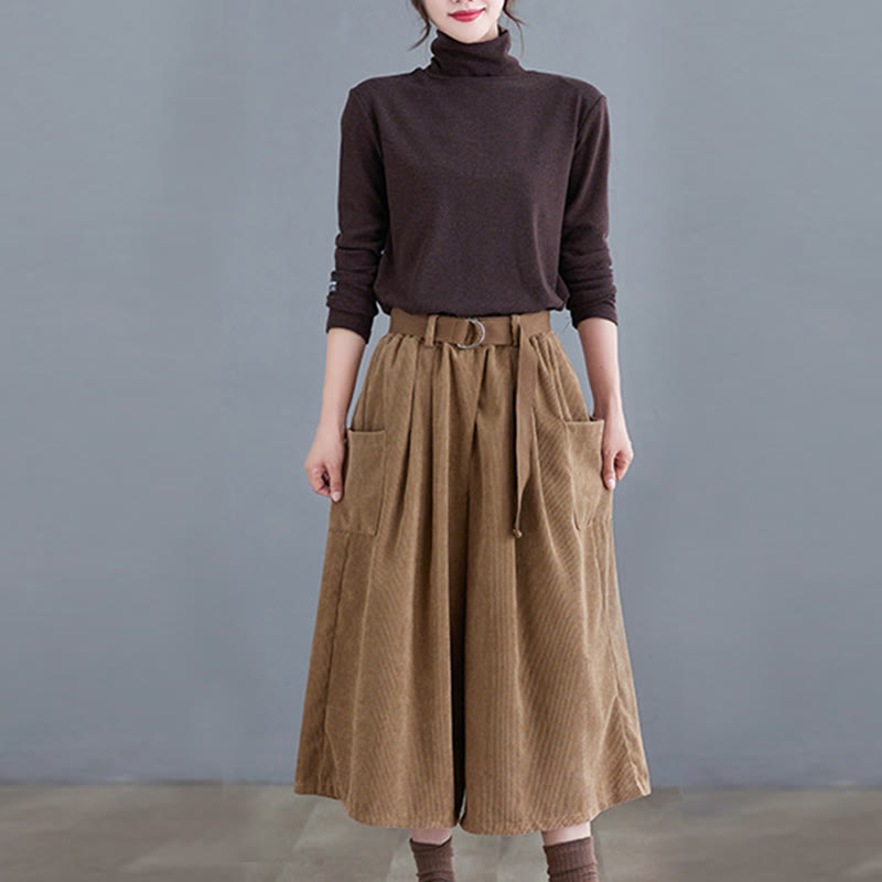 Retro Women's Wide Leg 7-8 Length Corduroy Pants With Pockets Belt