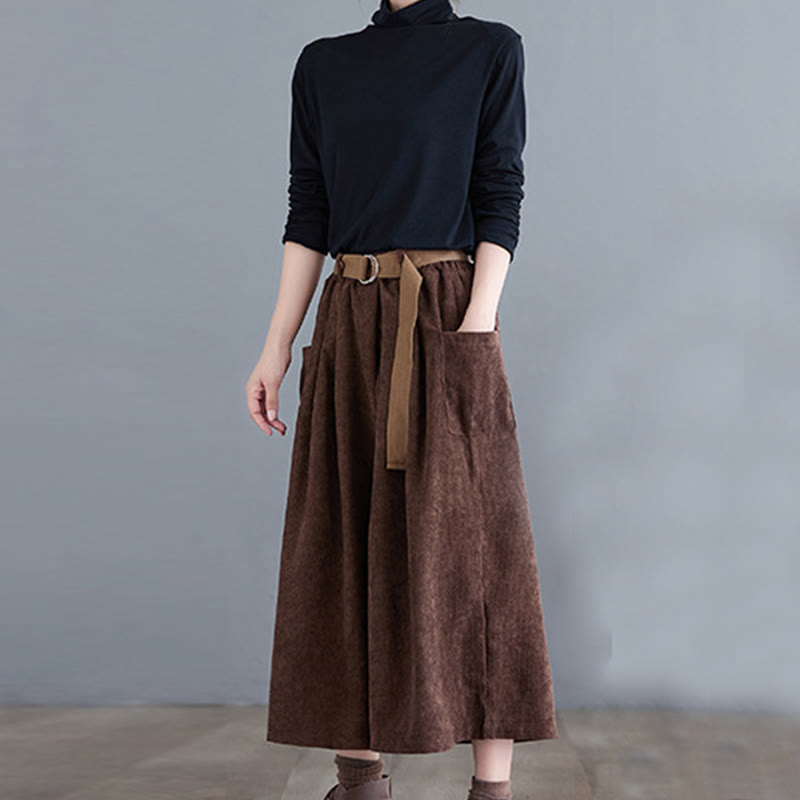 Retro Women's Wide Leg 7-8 Length Corduroy Pants With Pockets Belt