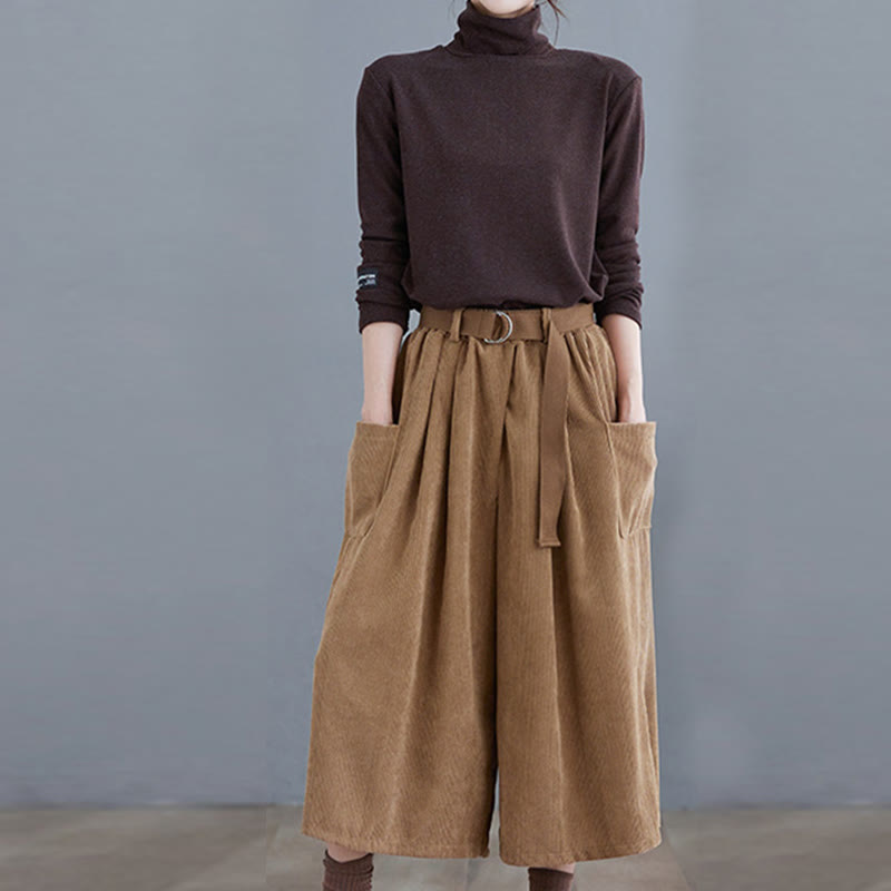 Retro Women's Wide Leg 7-8 Length Corduroy Pants With Pockets Belt