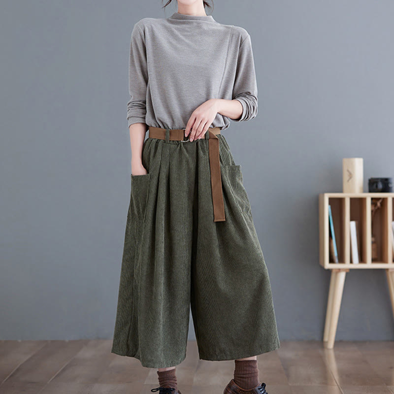 Retro Women's Wide Leg 7-8 Length Corduroy Pants With Pockets Belt