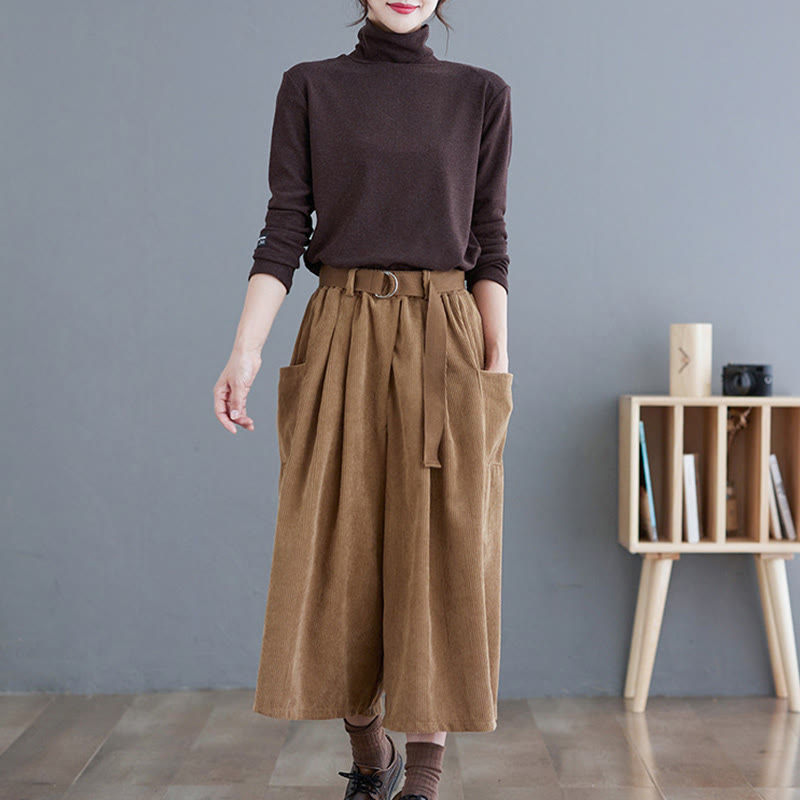 Retro Women's Wide Leg 7-8 Length Corduroy Pants With Pockets Belt