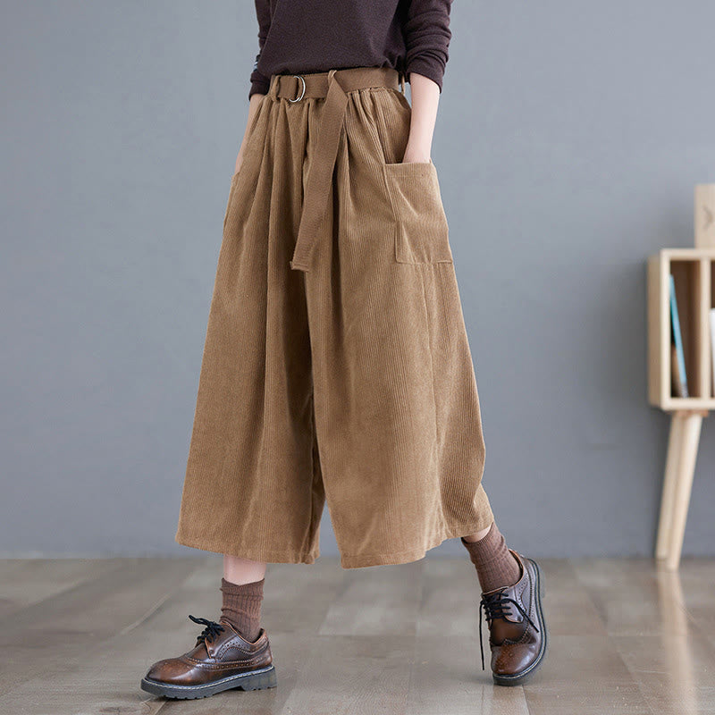 Retro Women's Wide Leg 7-8 Length Corduroy Pants With Pockets Belt