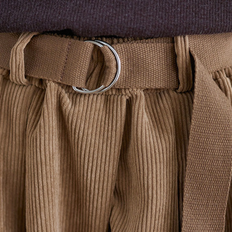 Retro Women's Wide Leg 7-8 Length Corduroy Pants With Pockets Belt