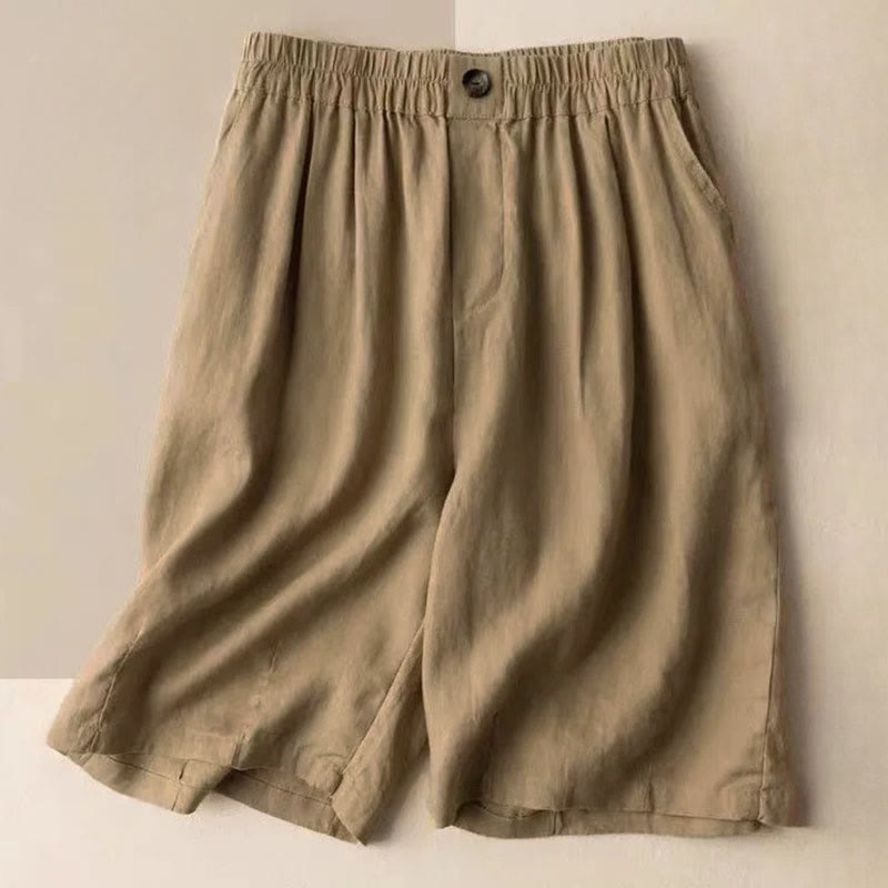 Summer Casual Plain Zipper Button Cotton Linen Women's Shorts With Pockets
