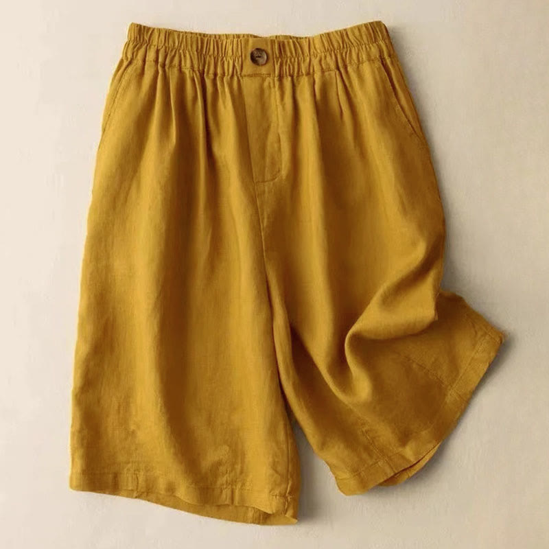 Summer Casual Plain Zipper Button Cotton Linen Women's Shorts With Pockets