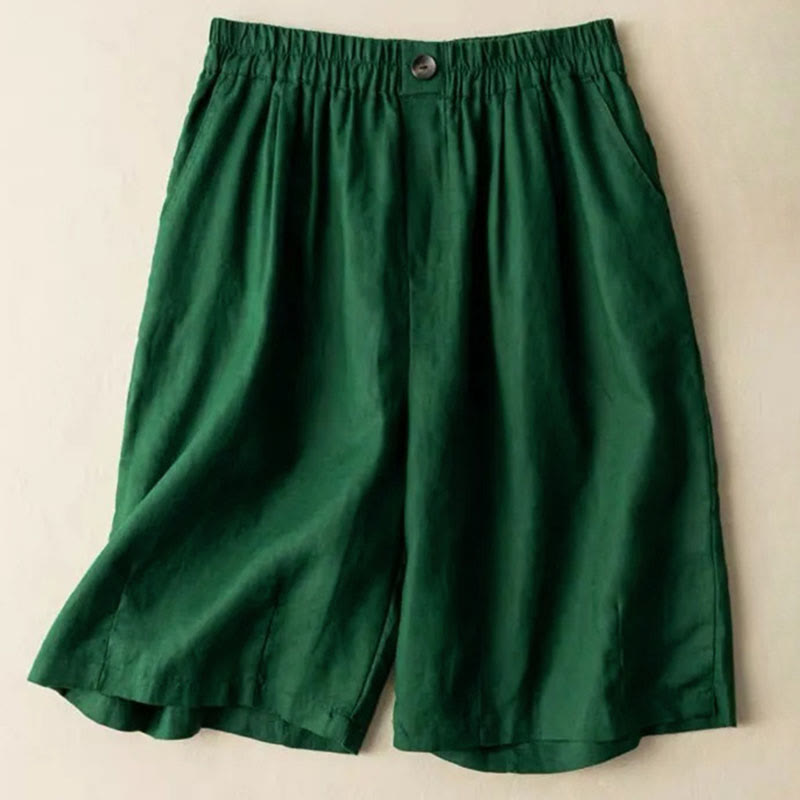 Summer Casual Plain Zipper Button Cotton Linen Women's Shorts With Pockets