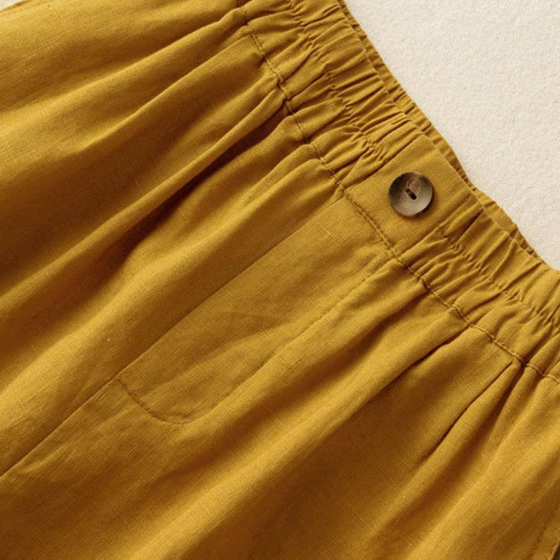 Summer Casual Plain Zipper Button Cotton Linen Women's Shorts With Pockets