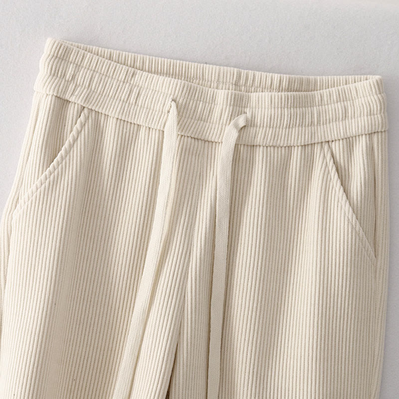 Casual Solid Color Women's Wide Leg Corduroy Cotton Fleece-Lined Pants With Pockets