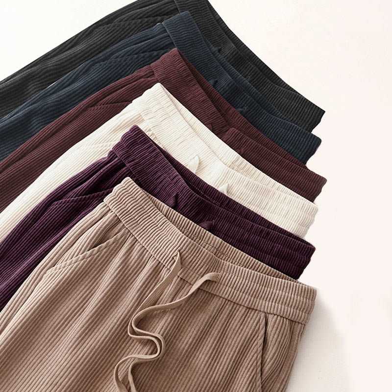 Casual Solid Color Women's Wide Leg Corduroy Cotton Fleece-Lined Pants With Pockets