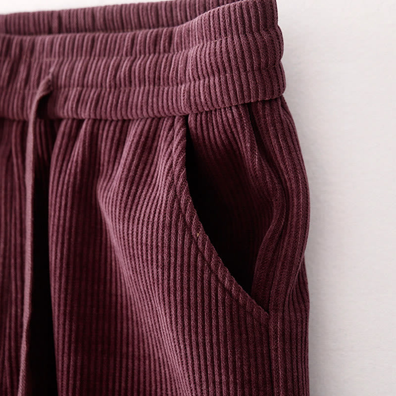 Casual Solid Color Women's Wide Leg Corduroy Cotton Fleece-Lined Pants With Pockets