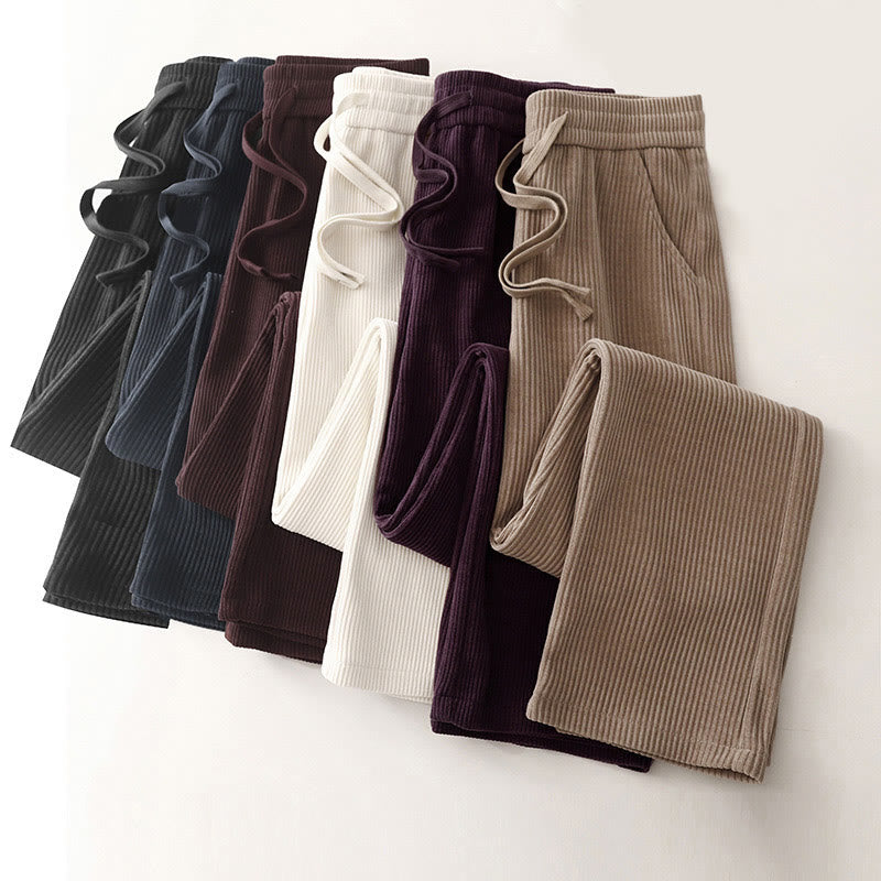 Casual Solid Color Women's Wide Leg Corduroy Cotton Fleece-Lined Pants With Pockets
