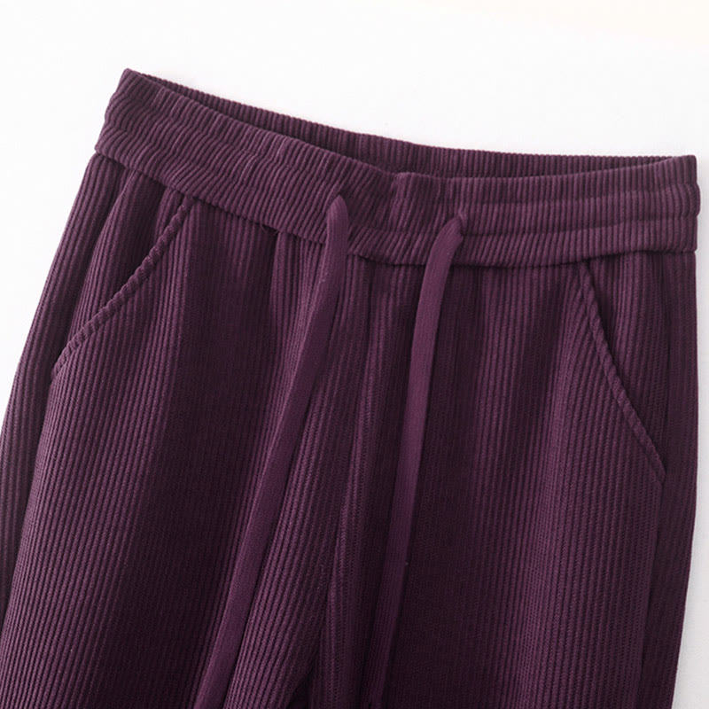 Casual Solid Color Women's Wide Leg Corduroy Cotton Fleece-Lined Pants With Pockets