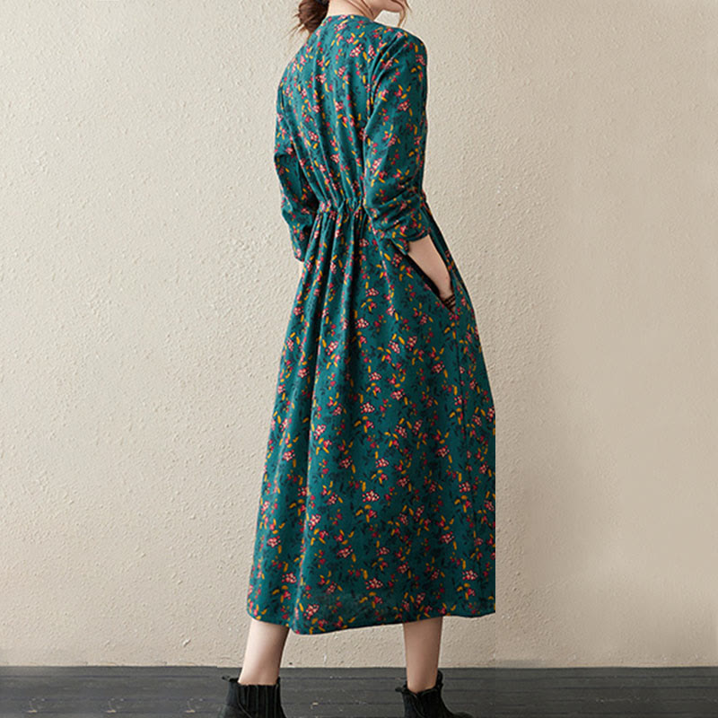 Botanical Cotton Linen Cinched Waist Meditation Midi Dress