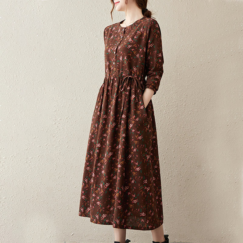 Botanical Cotton Linen Cinched Waist Meditation Midi Dress