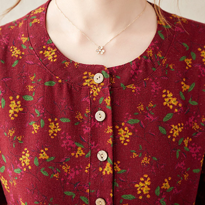 Botanical Cotton Linen Cinched Waist Meditation Midi Dress