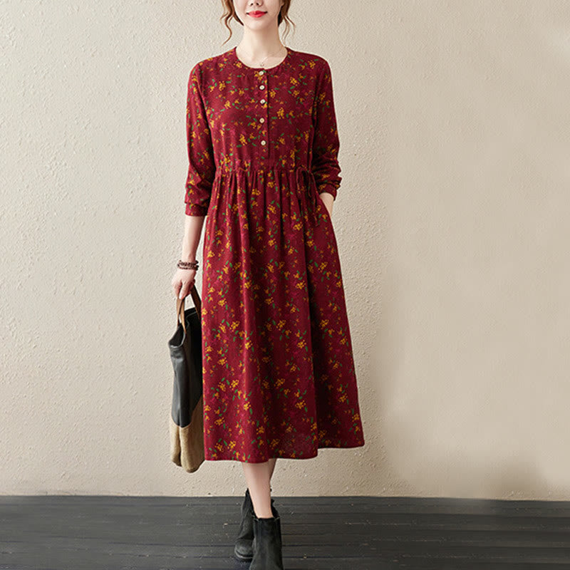 Botanical Cotton Linen Cinched Waist Meditation Midi Dress