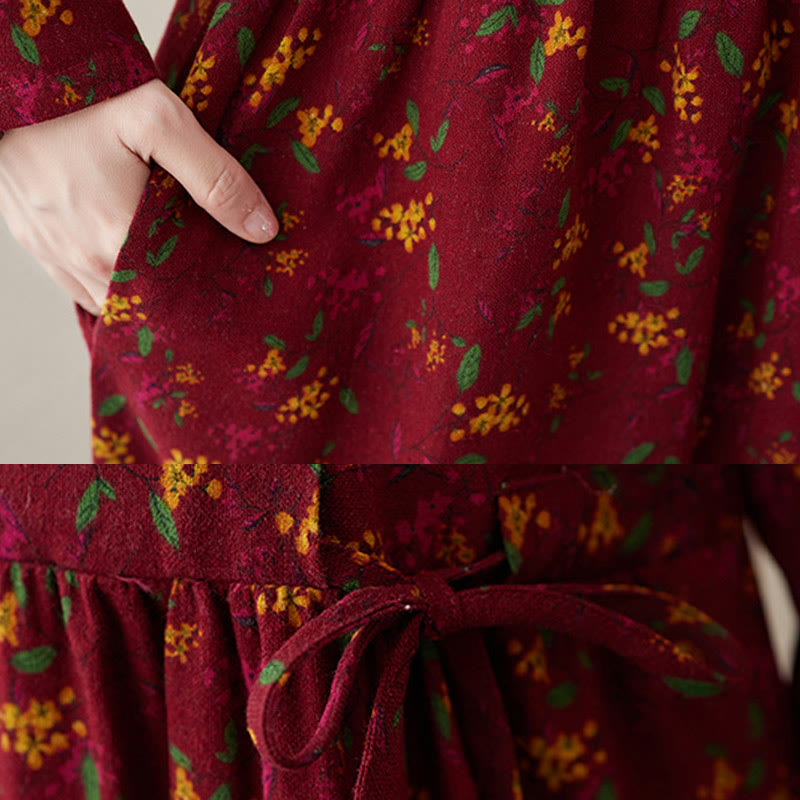 Botanical Cotton Linen Cinched Waist Meditation Midi Dress