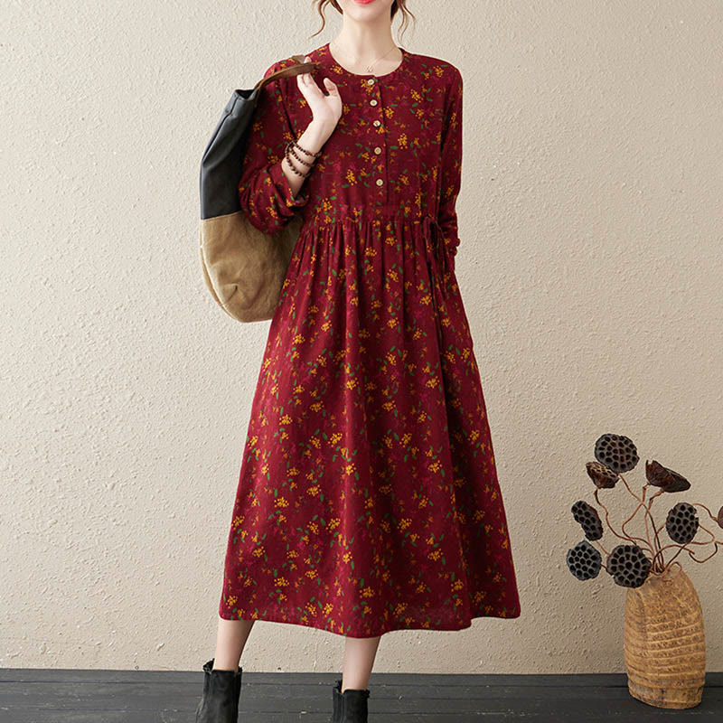 Botanical Cotton Linen Cinched Waist Meditation Midi Dress