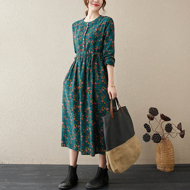 Botanical Cotton Linen Cinched Waist Meditation Midi Dress