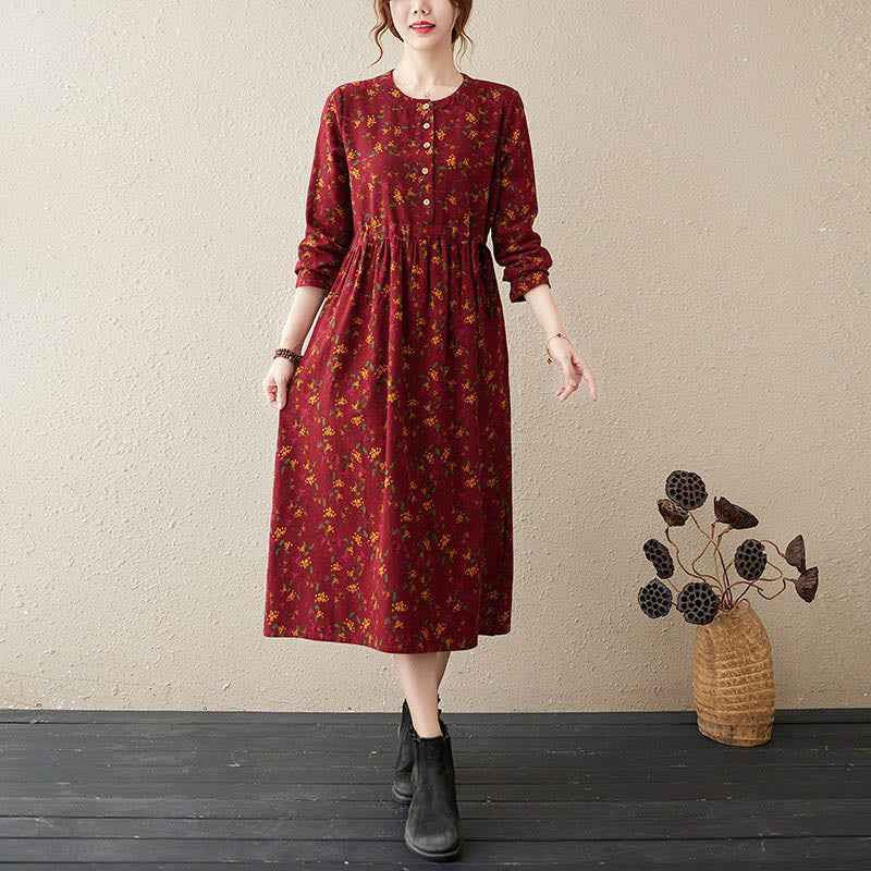 Botanical Cotton Linen Cinched Waist Meditation Midi Dress