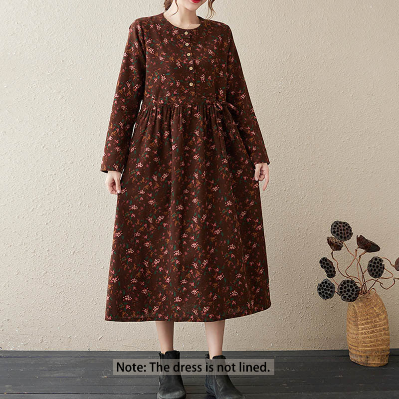 Botanical Cotton Linen Cinched Waist Meditation Midi Dress