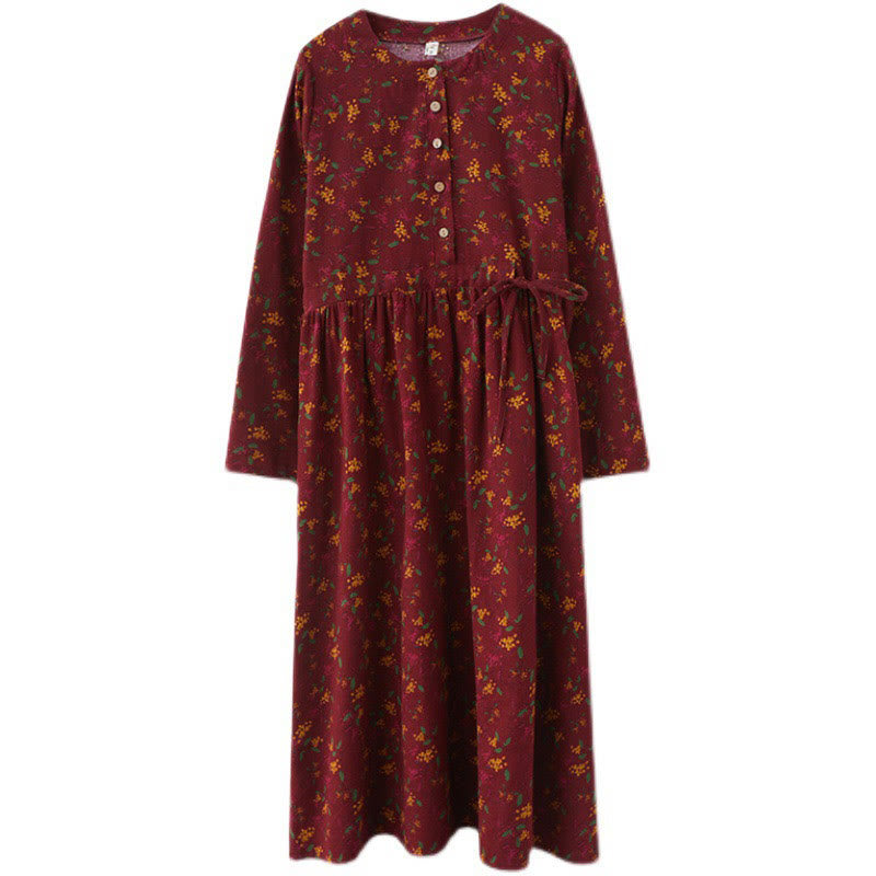 Botanical Cotton Linen Cinched Waist Meditation Midi Dress